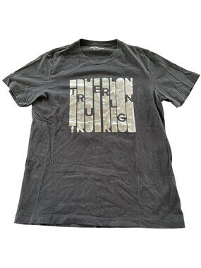True Religion Metallic Screen Print T-Shirt Black Silver Sz MED Cotton